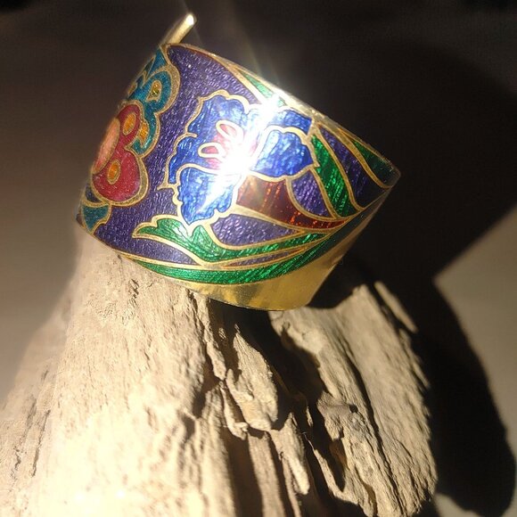 Vintage Hinged Cloisonné Butterfly Bracelet Gold Tone Enamel Bold Design Jewelry - Picture 8 of 10